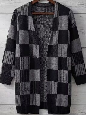 SHEIN Black and Gray Checkerboard Open-Front Cardigan
